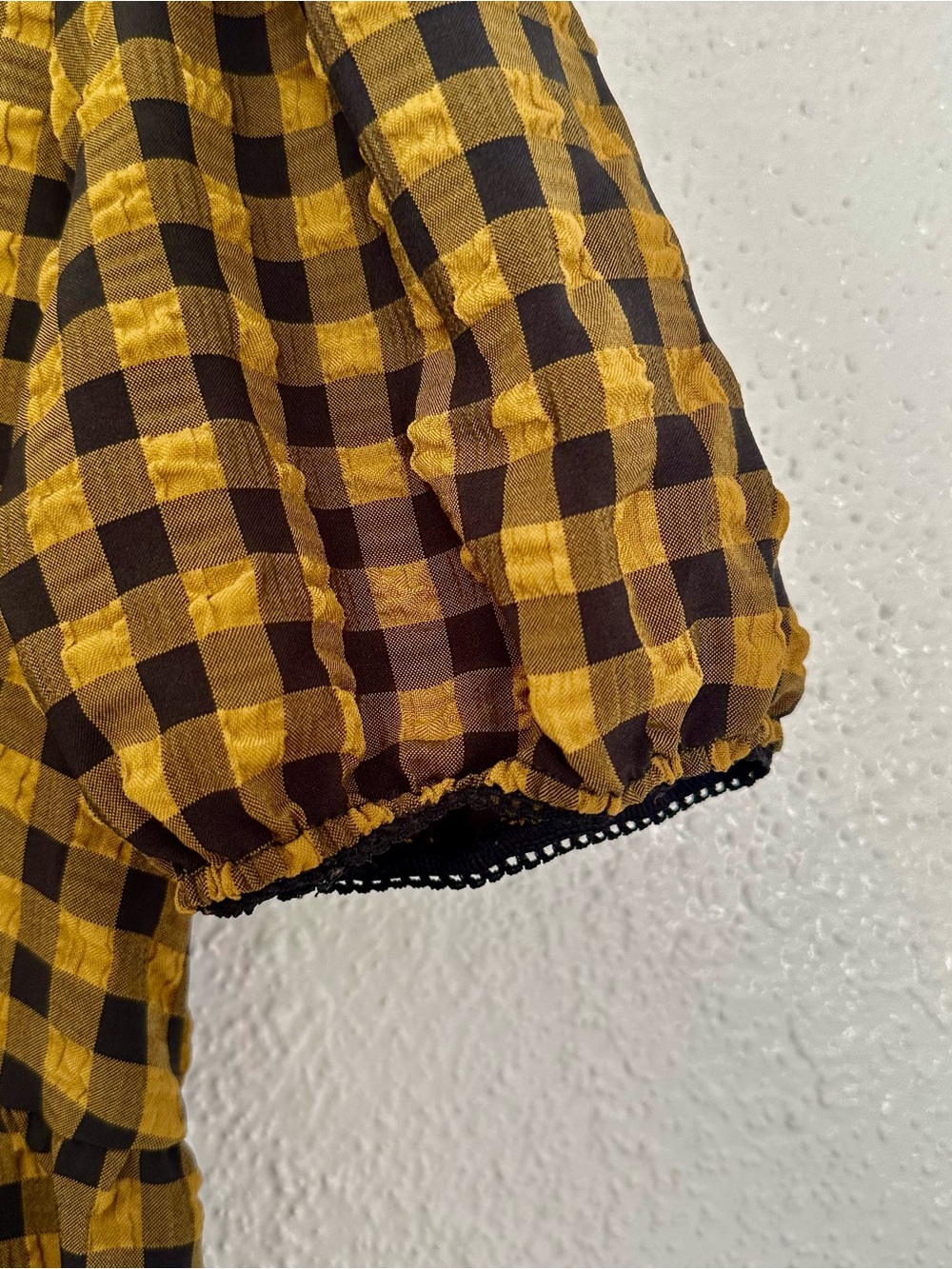 Grunge Punk Mustard and Black Gingham Puckered Puff-Sleeve Dress - Picture 3 of 6